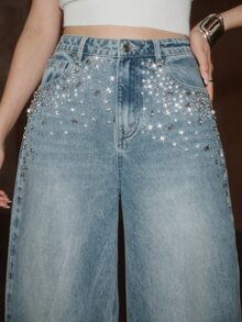 Anewsta Women's Washed Blue Rhinestone Embellished Fashion Jeans - Blue - View 1
