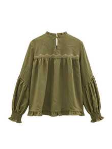 Nöista Blus longgar lengan panjang dengan detail bordir di bagian bahu depan, manset elastis. Musim Gugur, Musim Dingin, Kasual. - Olive Green - View 12