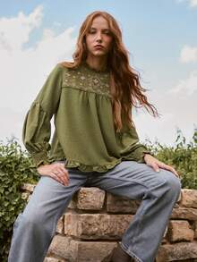 Nöista Blus longgar lengan panjang dengan detail bordir di bagian bahu depan, manset elastis. Musim Gugur, Musim Dingin, Kasual. - Olive Green - View 3
