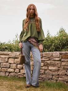 Nöista Blus longgar lengan panjang dengan detail bordir di bagian bahu depan, manset elastis. Musim Gugur, Musim Dingin, Kasual. - Olive Green - View 9