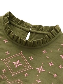 Nöista Blus longgar lengan panjang dengan detail bordir di bagian bahu depan, manset elastis. Musim Gugur, Musim Dingin, Kasual. - Olive Green - View 14