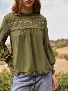 Nöista Blus longgar lengan panjang dengan detail bordir di bagian bahu depan, manset elastis. Musim Gugur, Musim Dingin, Kasual. - Olive Green - View 4