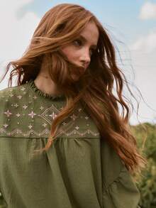 Nöista Blus longgar lengan panjang dengan detail bordir di bagian bahu depan, manset elastis. Musim Gugur, Musim Dingin, Kasual. - Olive Green - View 8