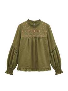Nöista Blus longgar lengan panjang dengan detail bordir di bagian bahu depan, manset elastis. Musim Gugur, Musim Dingin, Kasual. - Olive Green - View 11