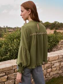 Nöista Blus longgar lengan panjang dengan detail bordir di bagian bahu depan, manset elastis. Musim Gugur, Musim Dingin, Kasual. - Olive Green - View 5