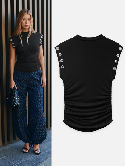 Nöista Black Ruched Mock Neck Top With Eyelet Detail For Party And Going Out Looks