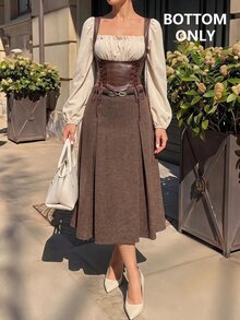 SHEIN MOD 女款純色高腰抓皺垂墜咖啡棕色甜美時髦優雅復古休閒寬腿長褲，適合早午餐、日常、派對、秋季感恩節 - 棕色 - 查看 5