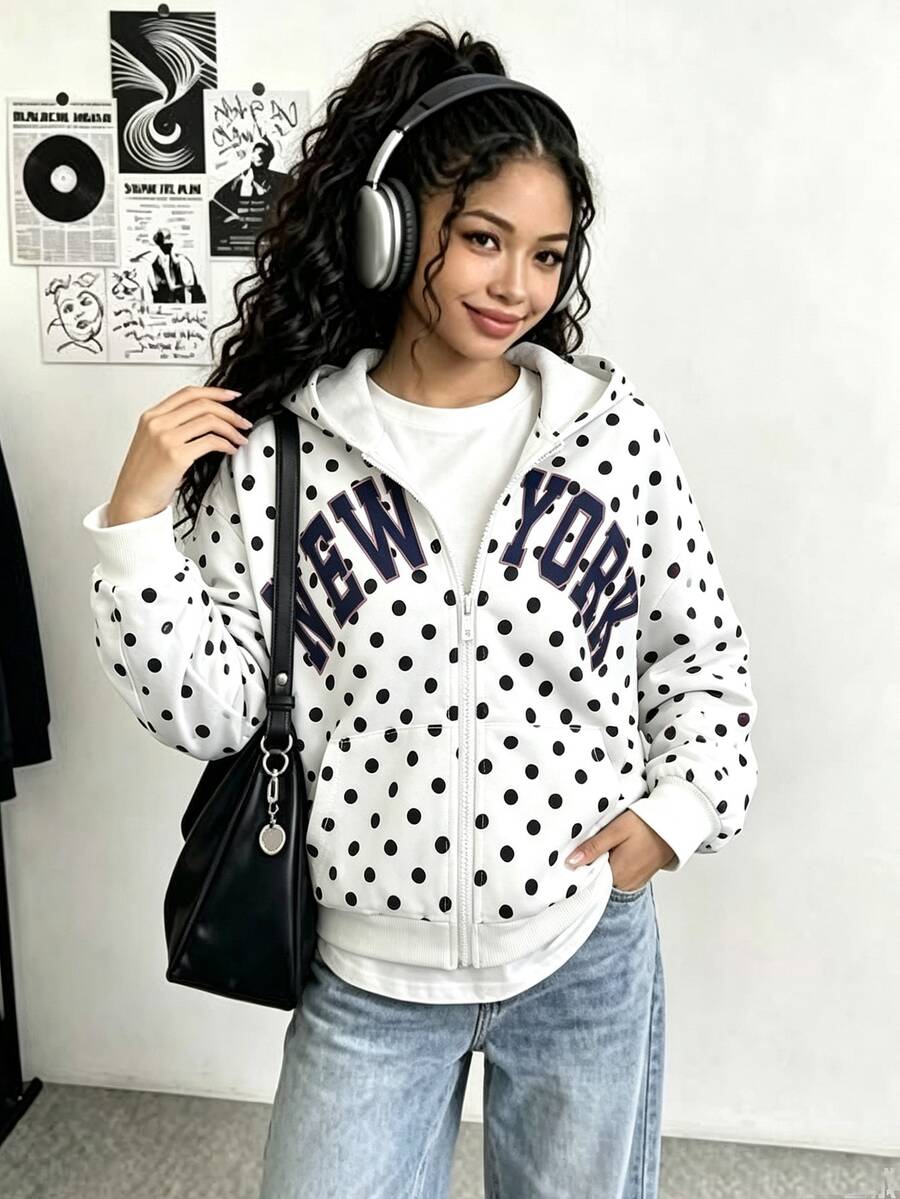 SHEIN Girls' Fleece-Lined Zip-Up Sweatshirt With Dark-Style Spiderweb Print Loose-Fit Drop-Shoulder Sweatshirt Edgy Cute Preppy School Black And White Polka Dot - White - View 1