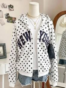 SHEIN Girls' Fleece-Lined Zip-Up Sweatshirt With Dark-Style Spiderweb Print Loose-Fit Drop-Shoulder Sweatshirt Edgy Cute Preppy School Black And White Polka Dot - White - View 4