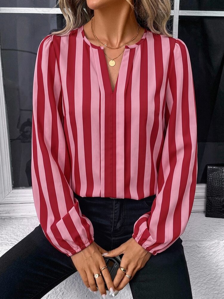 SHEIN LUNE Spring/Autumn Women's Smart Casual Business Casual Daily Office Wide Stripe Colorblock Shirt Collar Long Sleeve Blouse; Party Top Red Striped - Multicolor - View 3