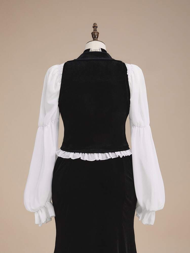 ROMWE Fairycore Plus Size Autumn/Winter Vintage Mori Style Floral Embroidered Velvet Vest - Black - View 6