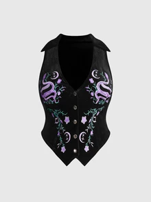 ROMWE Fairycore Plus Size Autumn/Winter Vintage Mori Style Floral Embroidered Velvet Vest - Black - View 1