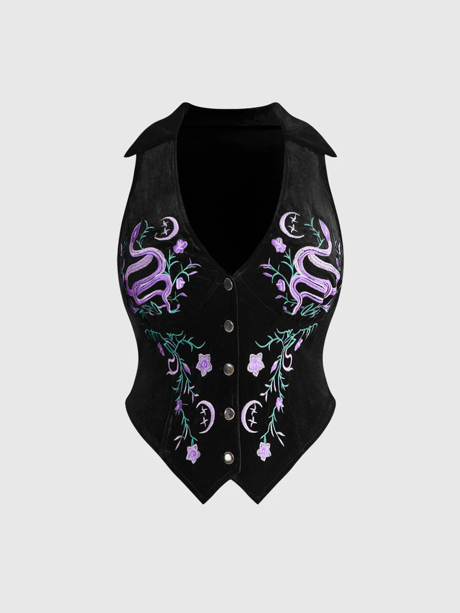 ROMWE Fairycore Plus Size Autumn/Winter Vintage Mori Style Floral Embroidered Velvet Vest - Black - View 1