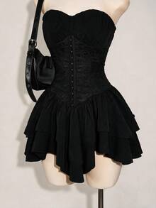SHEIN ICON Women's Solid Color Pleated Casual Daily Summer Strapless Mini Dress - Black - View 4