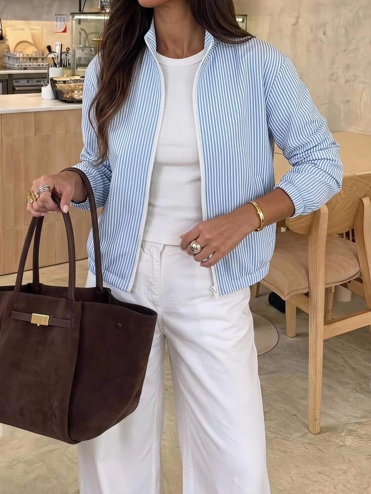 SHEIN LUNE Women's Blue White Striped Thin Short Baseball Jacket, Spring/Autumn Casual Coastal Travel - Multicolor - View 1