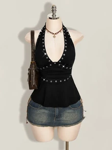SHEIN ICON 女款性感掛脖綁帶背心上衣 - 黑色 - 查看 4