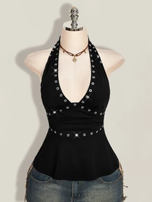SHEIN ICON 女款性感掛脖綁帶背心上衣 - 黑色 - 查看 8