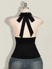 SHEIN ICON 女款性感掛脖綁帶背心上衣 - 黑色 - 查看 2