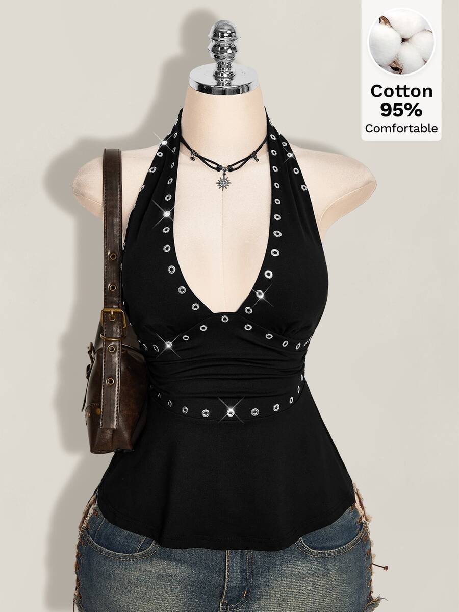 SHEIN ICON 女款性感掛脖綁帶背心上衣 - 黑色 - 查看 1