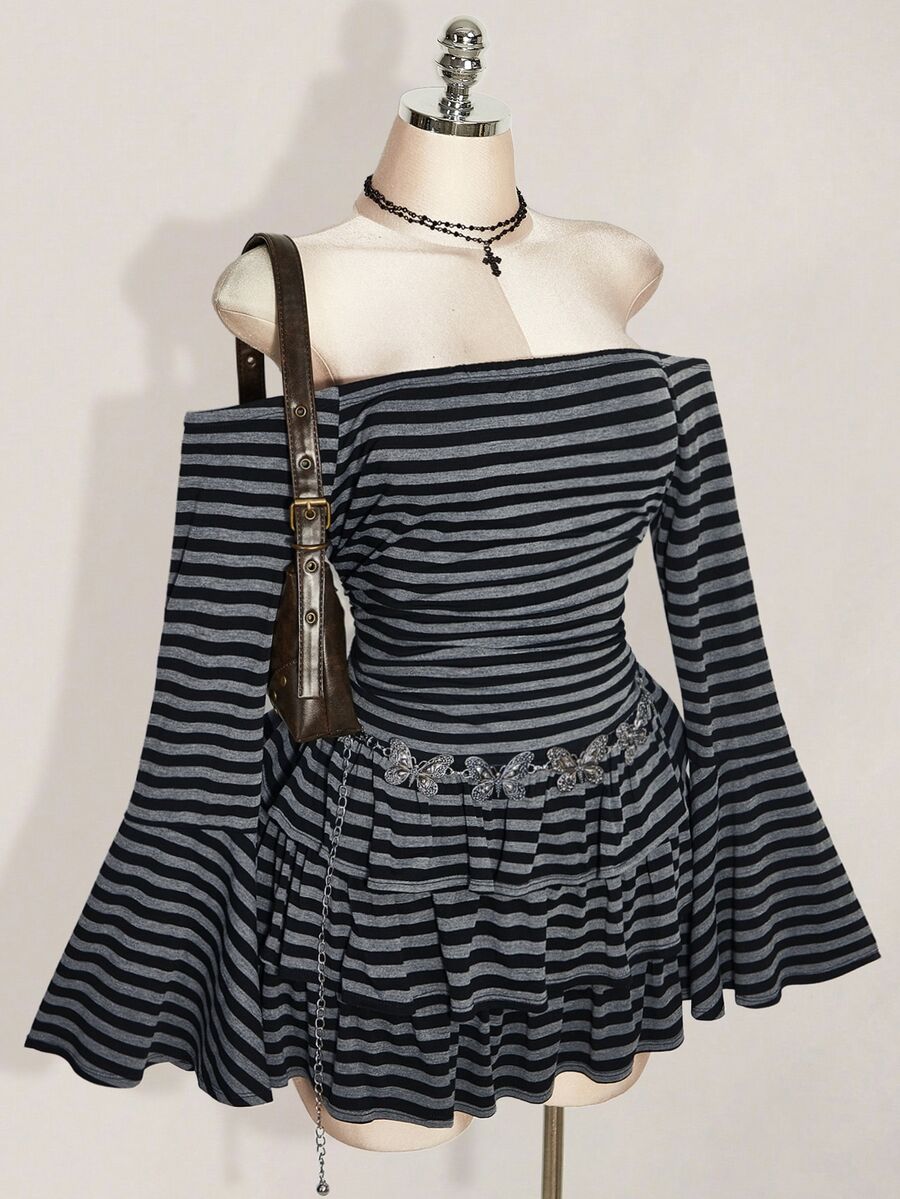 SHEIN ICON Plus Size Y2K Striped Off-Shoulder Vintage Preppy Cake Dress, Gothic Punk Casual Dress Fall - Multicolor - View 1