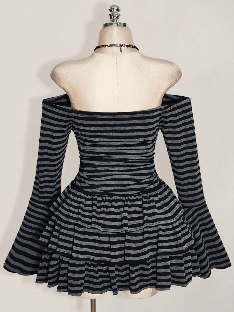 SHEIN ICON Plus Size Y2K Striped Off-Shoulder Vintage Preppy Cake Dress, Gothic Punk Casual Dress Fall - Multicolor - View 9