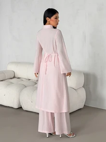 SHEIN PETITE 女款純色長袖上衣褲子休閒端莊日常兩件套，淺粉色，適合秋季/冬季，小碼女款 - 粉色 - 查看 2
