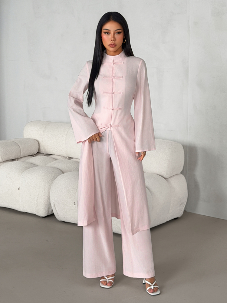 SHEIN PETITE Women's Solid Color Long Sleeve Top Pants Casual Modest Daily Two Pieces Set Everyday Day Time Light Pink Fall/Winter,Petite Women - Pink - View 5
