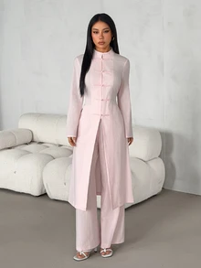 SHEIN PETITE 女款純色長袖上衣褲子休閒端莊日常兩件套，淺粉色，適合秋季/冬季，小碼女款 - 粉色 - 查看 3