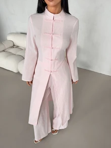 SHEIN PETITE 女款純色長袖上衣褲子休閒端莊日常兩件套，淺粉色，適合秋季/冬季，小碼女款 - 粉色 - 查看 6