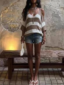 SHEIN PETITE Women's Vintage Vacation Striped Color Block Cold Shoulder Sweater - Multicolor - View 3