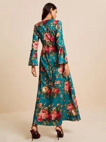 LOTSLUV Women's Elegant Autumn Commute, Dark Green Floral Print, V-Neck Long Sleeve Ruched Fitted Printed Dress - Green - View 2