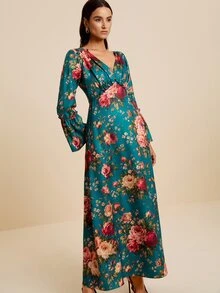 LOTSLUV Women's Elegant Autumn Commute, Dark Green Floral Print, V-Neck Long Sleeve Ruched Fitted Printed Dress - Green - View 4
