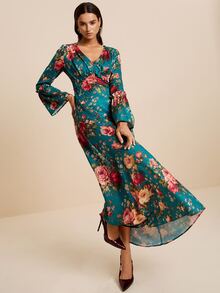 LOTSLUV Women's Elegant Autumn Commute, Dark Green Floral Print, V-Neck Long Sleeve Ruched Fitted Printed Dress - Green - View 5