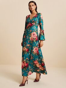 LOTSLUV Women's Elegant Autumn Commute, Dark Green Floral Print, V-Neck Long Sleeve Ruched Fitted Printed Dress - Green - View 3