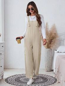 SHEIN LUNE Versatile Women's Casual Solid Color Khaki Linen Pocket Loose Jumpsuit, All-Season Autumn/Winter - Blue - View 2