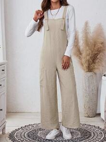 SHEIN LUNE Versatile Women's Casual Solid Color Khaki Linen Pocket Loose Jumpsuit, All-Season Autumn/Winter - Blue - View 5