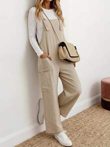 SHEIN LUNE Versatile Women's Casual Solid Color Khaki Linen Pocket Loose Jumpsuit, All-Season Autumn/Winter - Blue - View 1