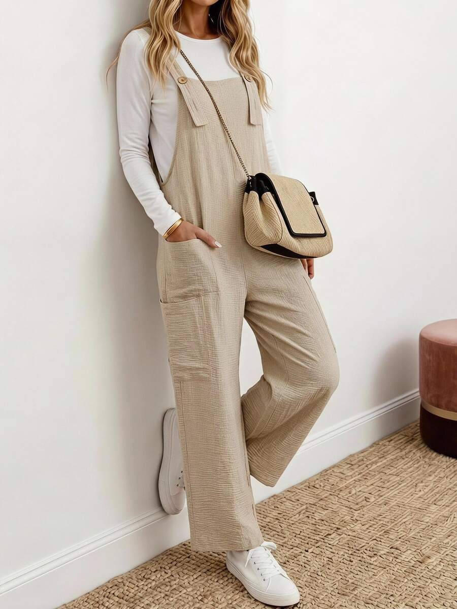SHEIN LUNE Versatile Women's Casual Solid Color Khaki Linen Pocket Loose Jumpsuit, All-Season Autumn/Winter - Blue - View 1
