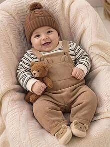 SHEIN Kids Kids Kids Newborn Striped Round Neck Thick Elastic Pullover Open Shoulder Top Shoulder Strap Decorative 3D Ears Pants Set Suitable For Winter - Apricot - View 1