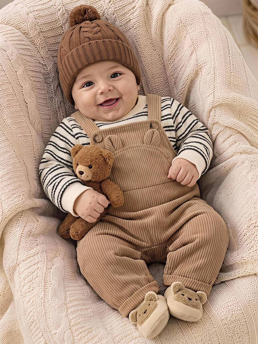 SHEIN Kids Kids Kids Newborn Striped Round Neck Thick Elastic Pullover Open Shoulder Top Shoulder Strap Decorative 3D Ears Pants Set Suitable For Winter - Apricot - View 1