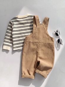 SHEIN Kids Kids Kids Newborn Striped Round Neck Thick Elastic Pullover Open Shoulder Top Shoulder Strap Decorative 3D Ears Pants Set Suitable For Winter - Apricot - View 2