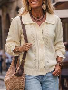 SHEIN LUNE Cardigan Wanita Warna Polos dengan Kerah Peter Pan Berumbai dan Lengan Pendek Rajut Motif Kelopak Bunga, Elegan untuk Brunch, Pesta Teh, Warna Krem Putih, Musim Gugur - Aprikot - View 2