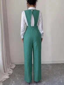 Elenzga 女款粉色竹纖維面料前拼接珍珠鈕扣設計，優雅教師制服，專業休閒優雅連身褲，適合感恩節、萬聖節，必備多功能寬鬆飄逸寬腿連身褲 - 綠色 - 查看 2