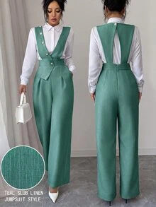 Elenzga 女款粉色竹纖維面料前拼接珍珠鈕扣設計，優雅教師制服，專業休閒優雅連身褲，適合感恩節、萬聖節，必備多功能寬鬆飄逸寬腿連身褲 - 綠色 - 查看 8