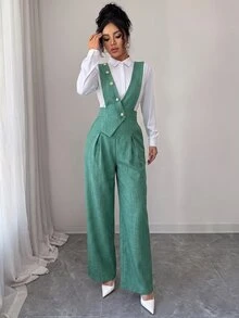 Elenzga 女款粉色竹纖維面料前拼接珍珠鈕扣設計，優雅教師制服，專業休閒優雅連身褲，適合感恩節、萬聖節，必備多功能寬鬆飄逸寬腿連身褲 - 綠色 - 查看 4
