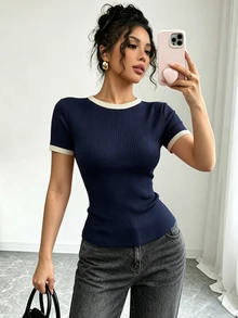 Elenzga 女款夏季休閒對比飾邊T恤 - 藏蓝色 - 查看 2