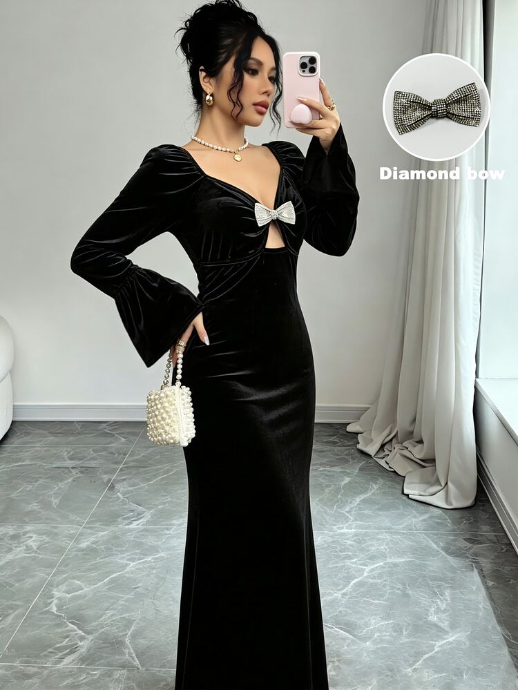 Elenzga Gaun Panjang Elegan Wanita dengan Hiasan Pita, Lengan Lonceng, dan Potongan Bawah Model Duyung - Hitam - View 5