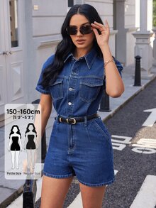 SHEIN PETITE 女款四季戶外多口袋時尚小碼藍色牛仔連身褲 - 深色水洗藍 - 查看 1