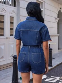 SHEIN PETITE 女款四季戶外多口袋時尚小碼藍色牛仔連身褲 - 深色水洗藍 - 查看 2
