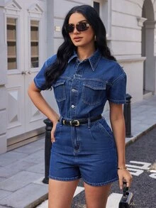 SHEIN PETITE 女款四季戶外多口袋時尚小碼藍色牛仔連身褲 - 深色水洗藍 - 查看 5
